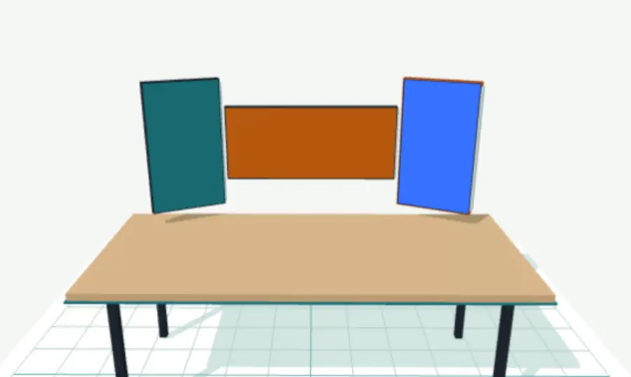 3D setup builder preview with angled monitors on a desk