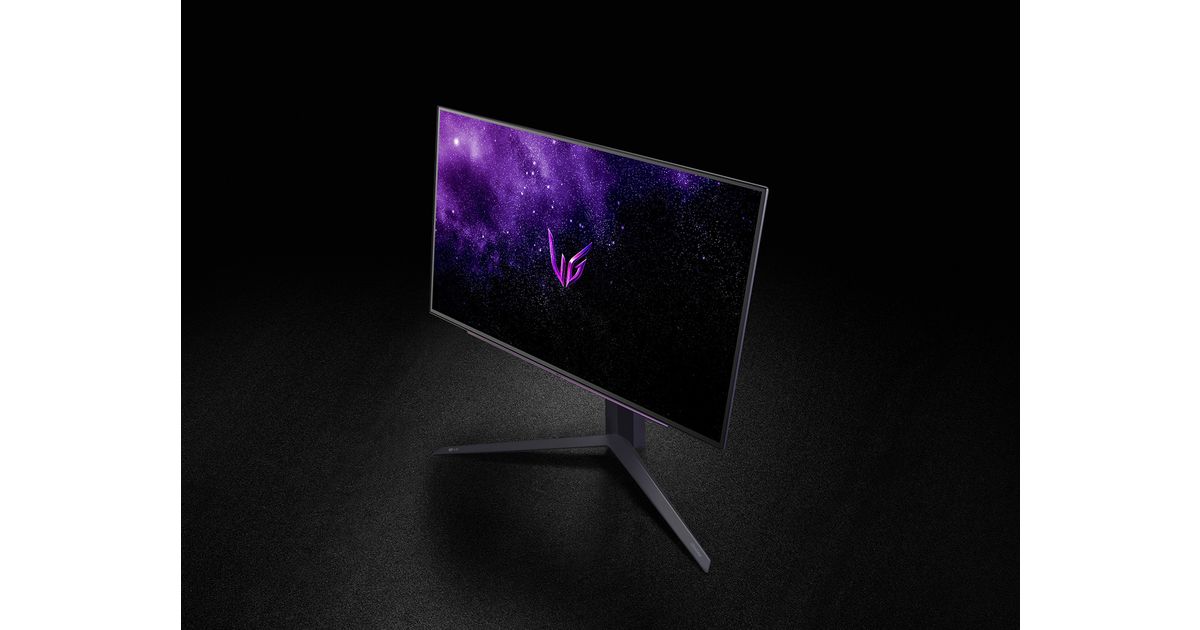 LG 27GR95QE monitor and stand viewed at an angle