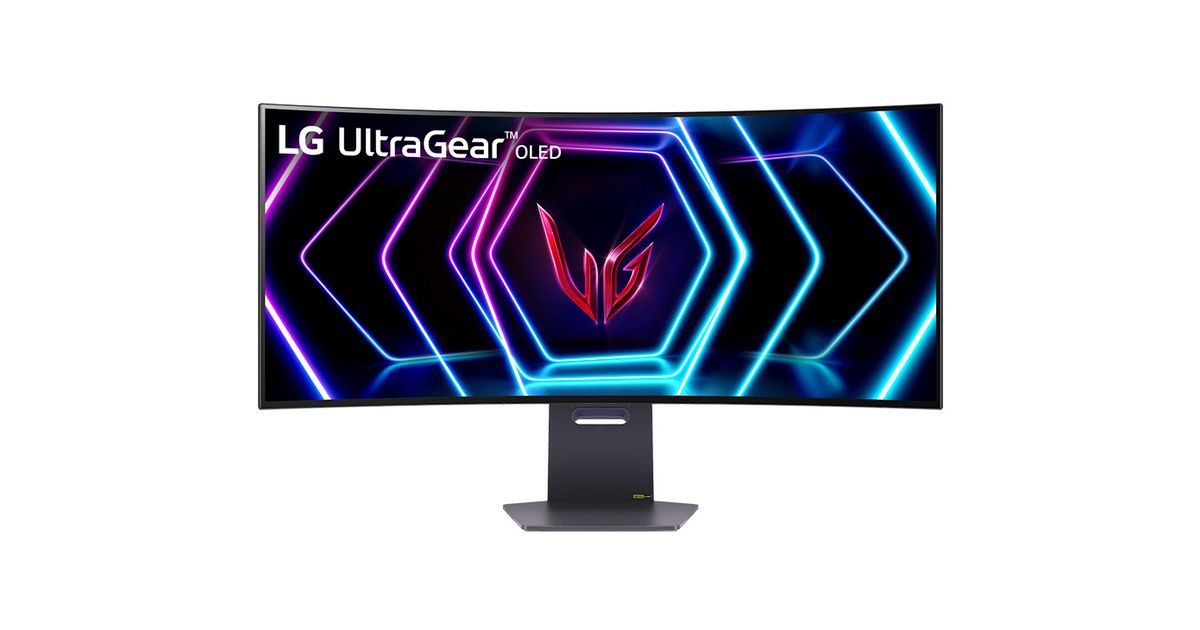 LG 39GS95QE curved monitor, front view with stand