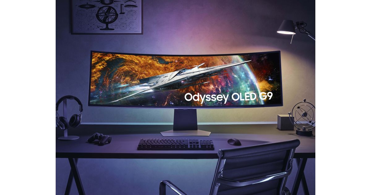 Samsung Odyssey OLED G9 G95SC on a gaming desk