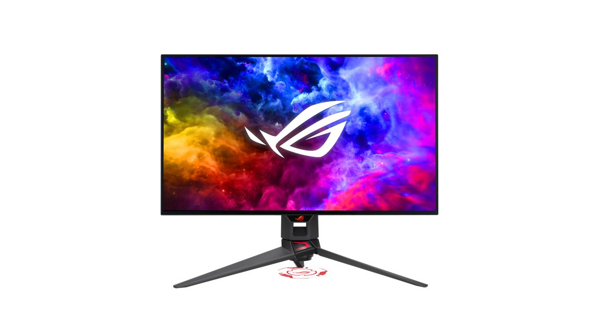 ASUS PG27AQDM monitor, front view with stand